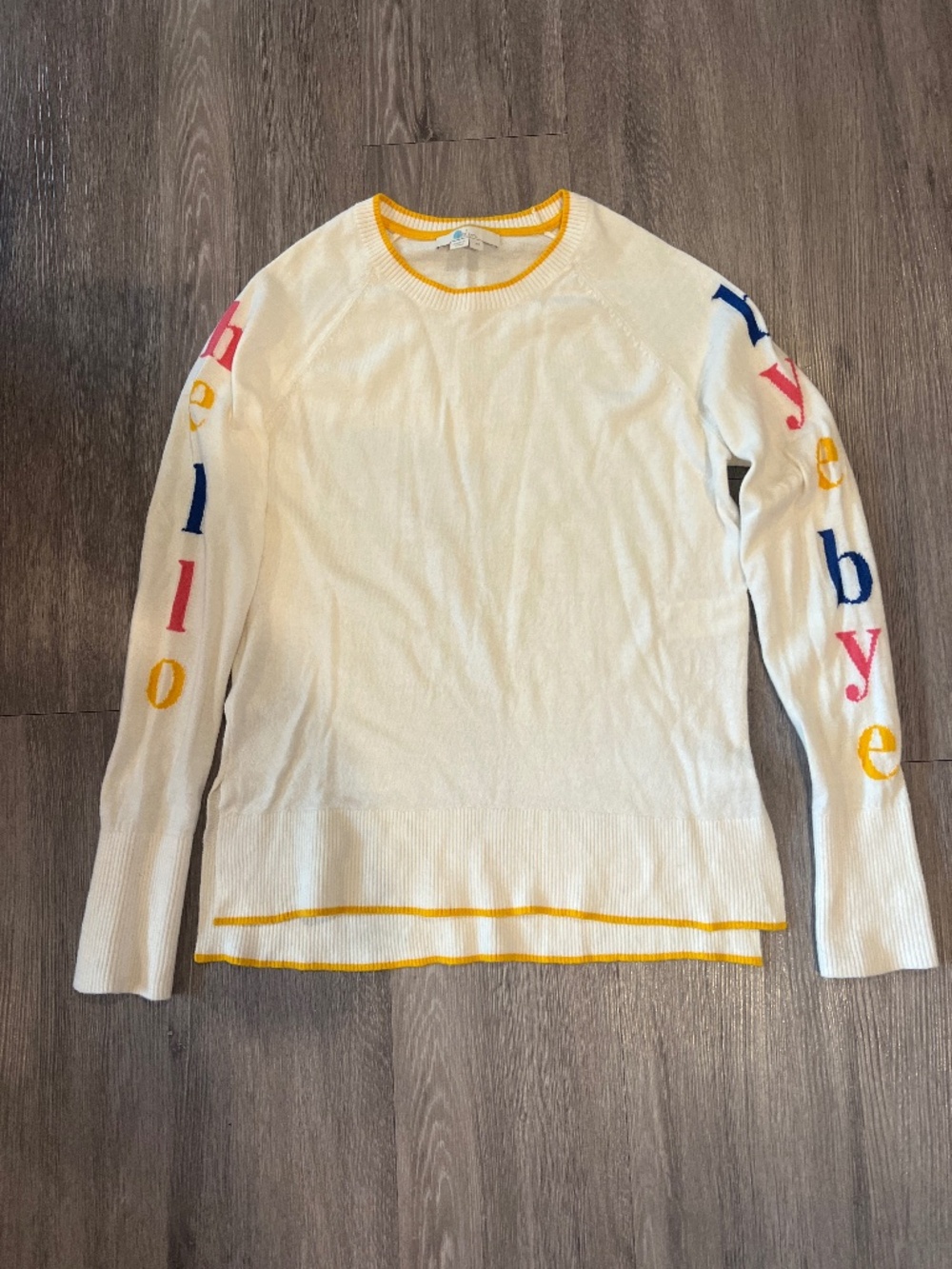Boden sweater in like new condition “hello” and “bye bye” on the sleeves (XS)